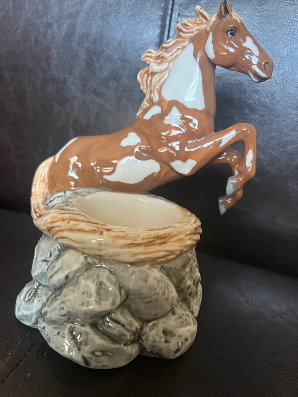 Glossy Brown & White Ceramic Horse candle holder - Home Art Décor